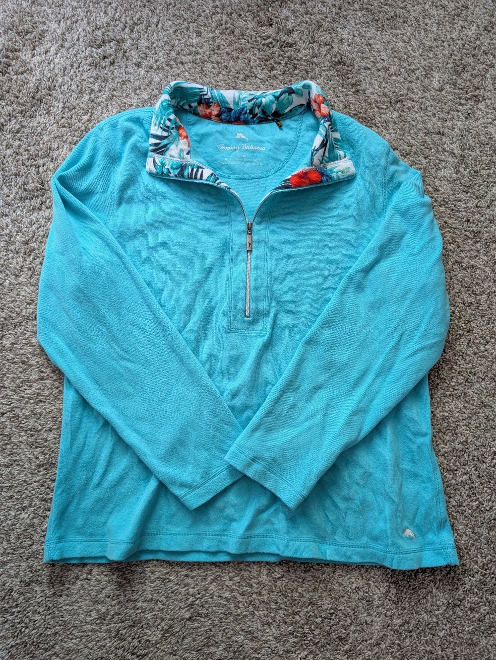 Tommy Bahama Women's Turquoise Floral-Trim Half-Zip Pullover Sweatshirt Sz XL